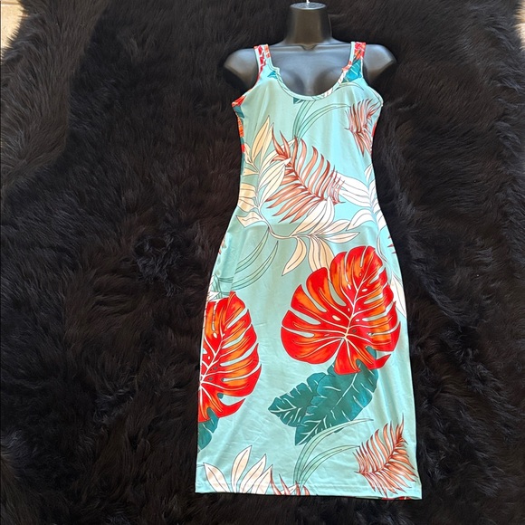 SHEIN Aqua Tropical Tank Midi Dress with Red Leaf Print - Picture 2 of 5